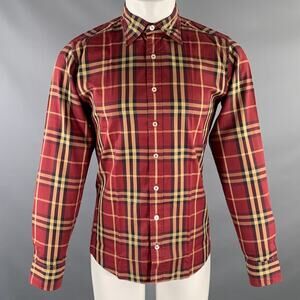 BURBERRY Size M Burgundy Khaki & Black Plaid Cotton Button Up Long Sleeve Shirt